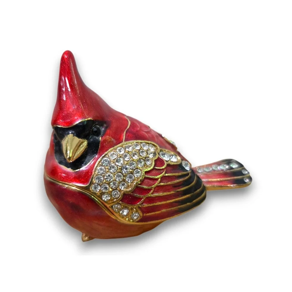 Red Cardinal Bird Enamel Rhinestone Hinged Trinket Box Magnetic 2.5''